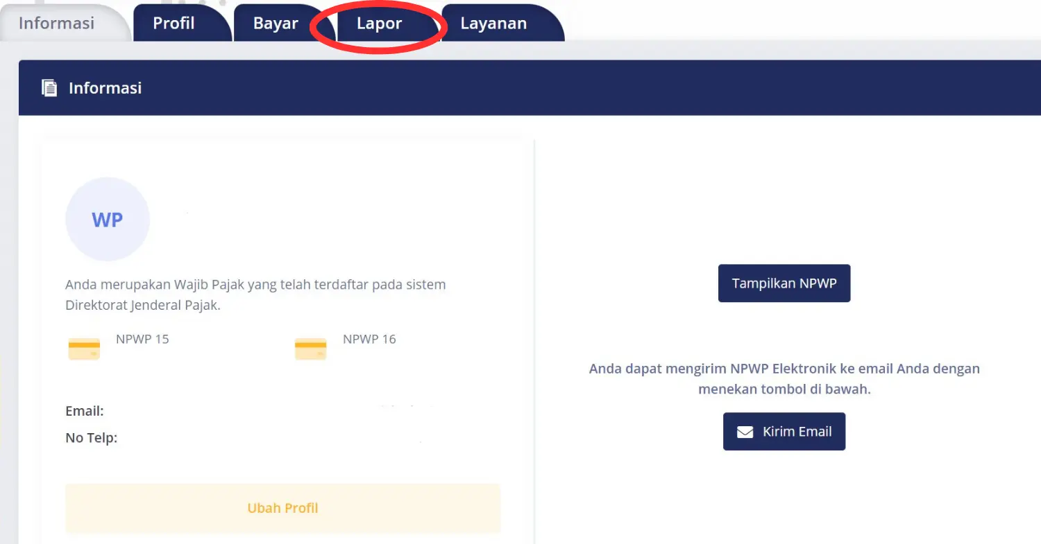 Klik Lapor pada Dasbord web Dirjen Pajak