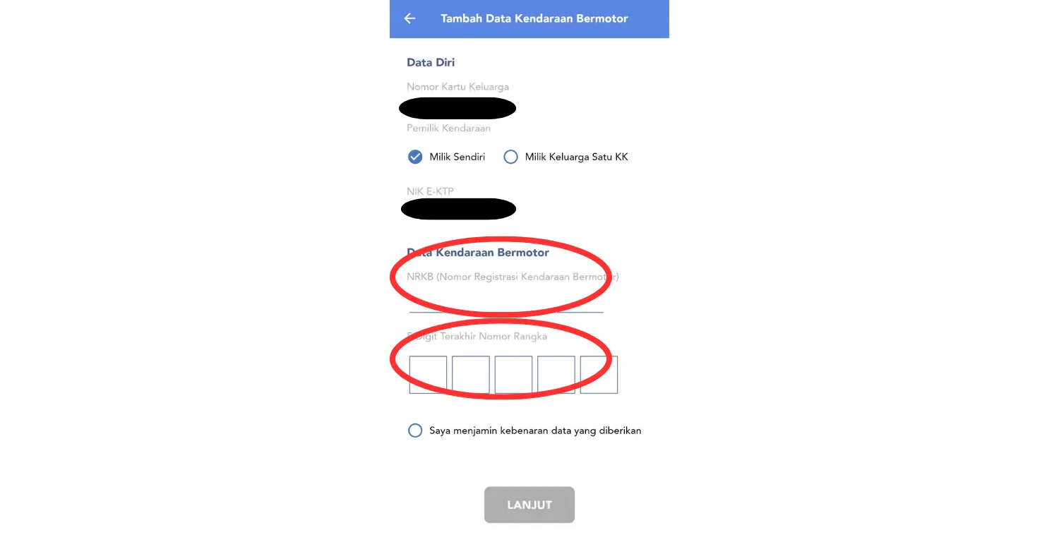 Masukkan data kendaraan bermotor di aplikasi SIGNAL