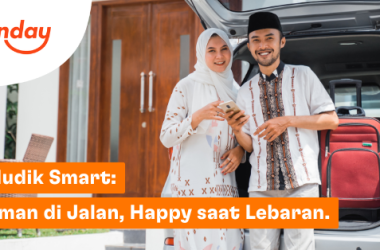 Ilustrasi pasangan muslim bersiap mudik Lebaran dengan mobil dan koper, menggambarkan perjalanan mudik yang aman dan nyaman.