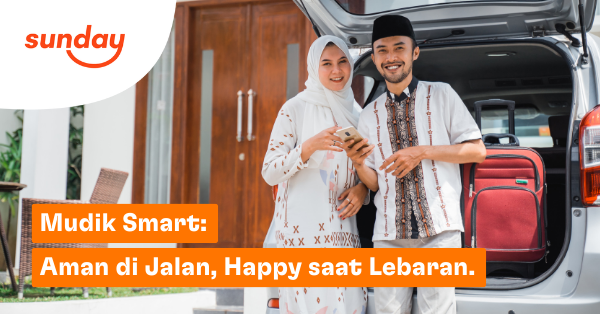 Ilustrasi pasangan muslim bersiap mudik Lebaran dengan mobil dan koper, menggambarkan perjalanan mudik yang aman dan nyaman.