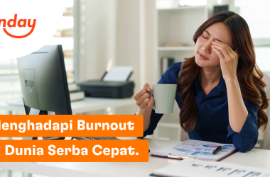 Seorang wanita pekerja kantor terlihat lelah dan mengalami burnout di meja kerja sambil memegang cangkir kopi, dengan teks "Menghadapi Burnout di Dunia Serba Cepat" dan logo Sunday.